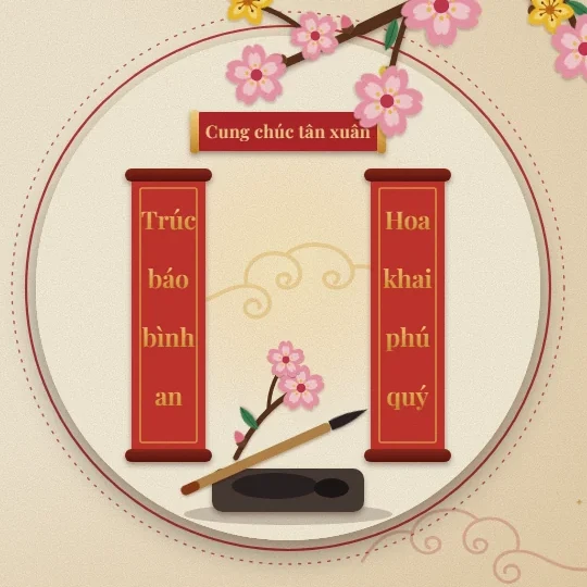 Đôi câu đối đỏ Trúc báo bình an, Hoa khai phú quý bên nghiên mực và bút lông