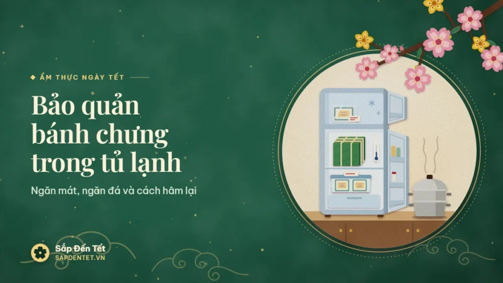 Minh họa bảo quản bánh chưng: tủ lạnh mở cửa, bánh chưng gói lá dong ở ngăn mát, phần bánh bọc kín ở ngăn đá, xửng hấp bên cạnh