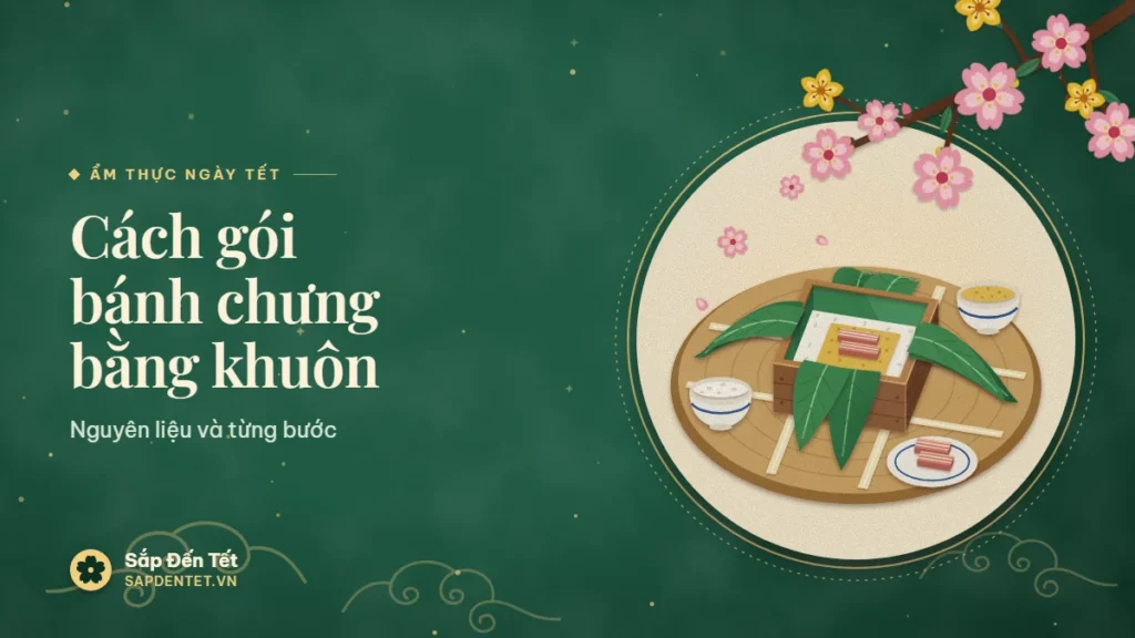Minh họa gói bánh chưng bằng khuôn: khuôn gỗ lót lá dong, đầu lá trải bốn phía, nhân gạo, đậu, thịt; lạt dưới khuôn, bát gạo, đậu, đĩa thịt