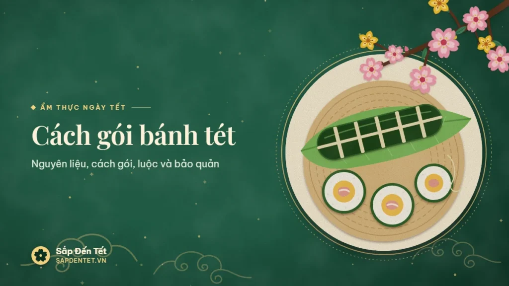 Minh họa cách gói bánh tét: đòn bánh tét buộc lạt đặt trên lá chuối và nia tre, ba khoanh bánh cắt lộ lớp lá, nếp, đậu xanh và nhân thịt