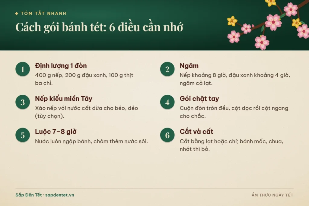 Tóm tắt 6 điều cần nhớ khi gói bánh tét: định lượng cho một đòn, thời gian ngâm, xào nếp nước cốt dừa kiểu miền Tây, gói chặt tay, luộc 7 đến 8 giờ, cắt và bảo quản