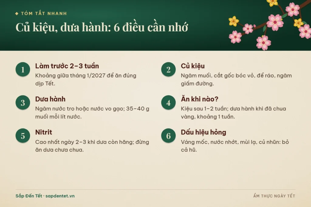 Tóm tắt 6 điều cần nhớ khi làm củ kiệu và dưa hành: làm trước 2 đến 3 tuần, cách làm củ kiệu, cách muối dưa hành, thời điểm ăn được, lưu ý nitrit và dấu hiệu dưa hỏng
