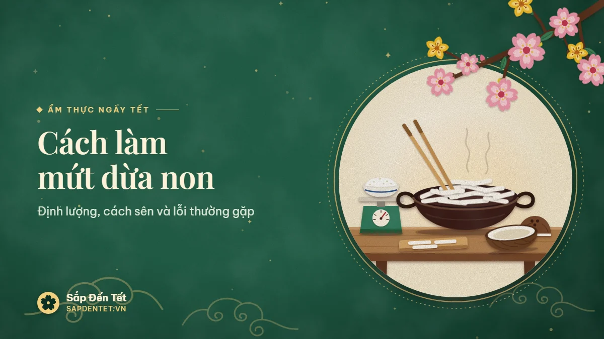 Minh họa cách làm mứt dừa non: chảo đáy dày đầy dải dừa trắng áo đường, đôi đũa cả, cân với bát đường và trái dừa bổ đôi