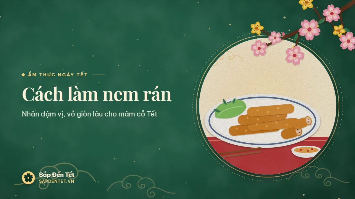 Minh họa nem rán ngày Tết: đĩa sứ viền lam xếp nem rán vàng giòn, hai chiếc cắt đôi lộ nhân thịt, miến, mộc nhĩ, cà rốt, kèm xà lách, bát nước chấm có ớt và đôi đũa trên khăn đỏ