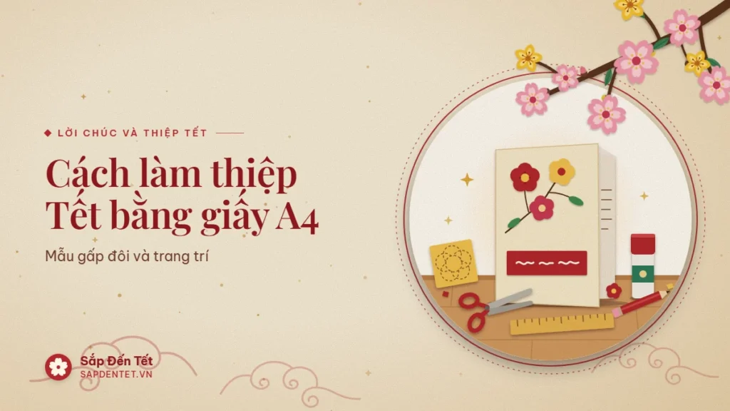 Minh họa làm thiệp Tết: thiệp giấy kem gấp đôi dán ba bông hoa đỏ vàng và dải giấy đỏ, bên cạnh kéo, thỏi keo, thước và bút chì