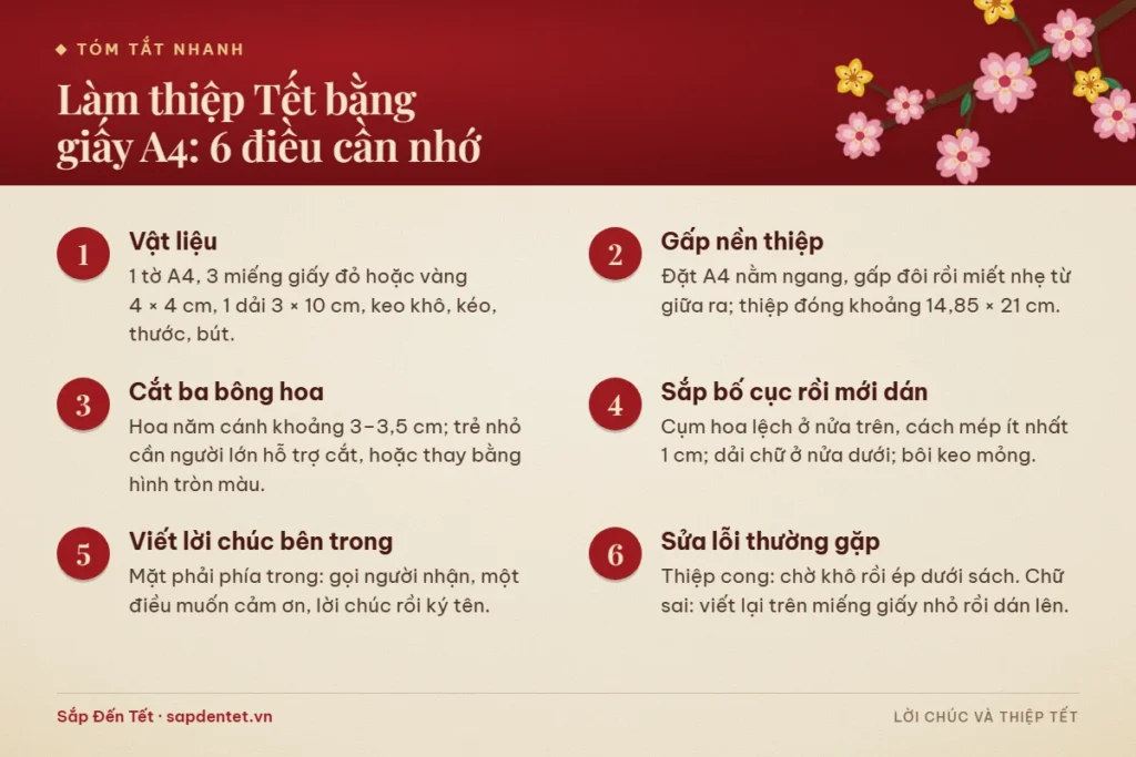 Tóm tắt 6 điều cần nhớ khi làm thiệp Tết bằng giấy A4: vật liệu, gấp nền thiệp, cắt ba bông hoa, sắp bố cục rồi dán, viết lời chúc và sửa lỗi
