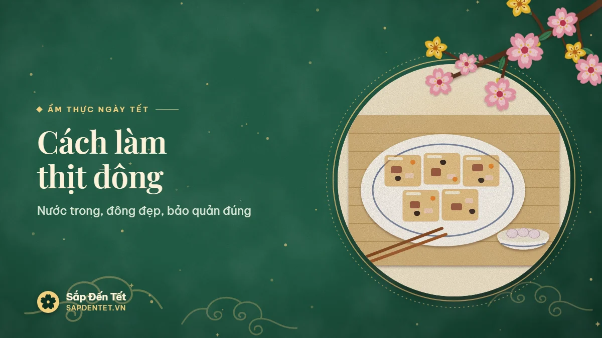 Minh họa thịt đông ngày Tết: đĩa thịt đông cắt miếng vàng trong có thịt, bì, mộc nhĩ và cà rốt, bát dưa hành và đôi đũa trên chiếu tre