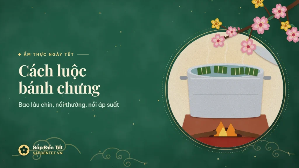 Minh họa cách luộc bánh chưng: nồi nhôm lớn trên bếp củi đang đỏ lửa, trong nồi nước sôi ngập những chiếc bánh chưng vuông buộc lạt, hơi nước bốc lên và nắp nồi đặt nghiêng bên cạnh
