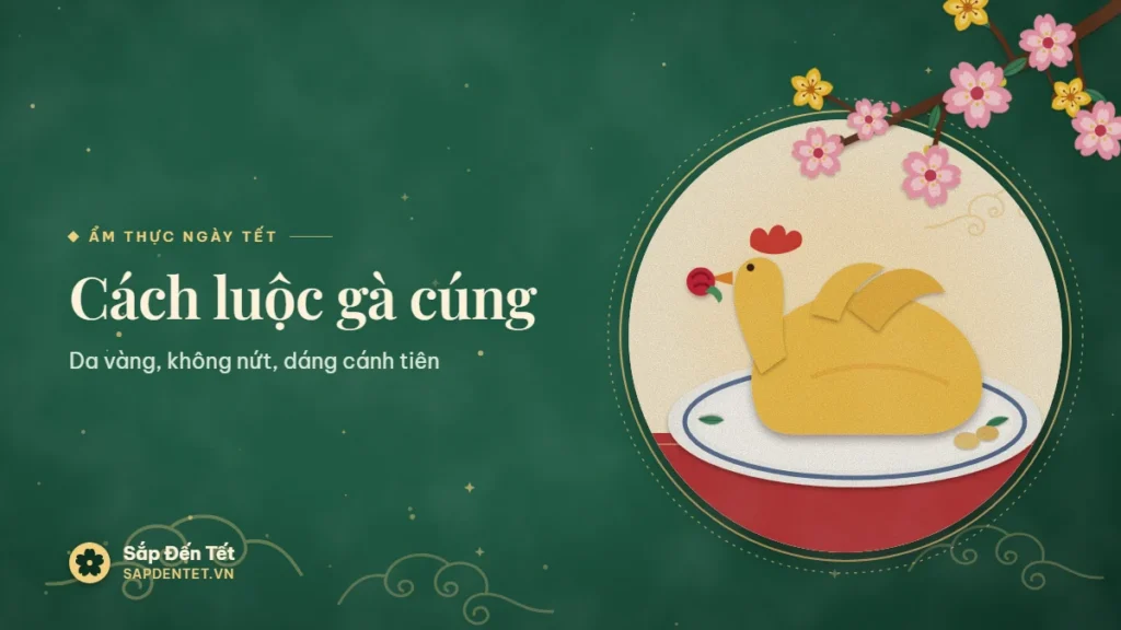 Minh họa cách luộc gà cúng: con gà trống luộc vàng óng nguyên con trên đĩa sứ viền lam, cánh xếp dáng cánh tiên, mào đỏ, mỏ ngậm bông hồng đỏ, bên cạnh lát gừng và lá chanh