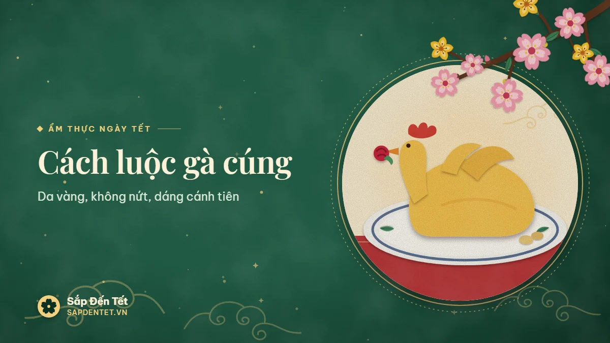 Minh họa cách luộc gà cúng: con gà trống luộc vàng óng nguyên con trên đĩa sứ viền lam, cánh xếp dáng cánh tiên, mào đỏ, mỏ ngậm bông hồng đỏ, bên cạnh lát gừng và lá chanh