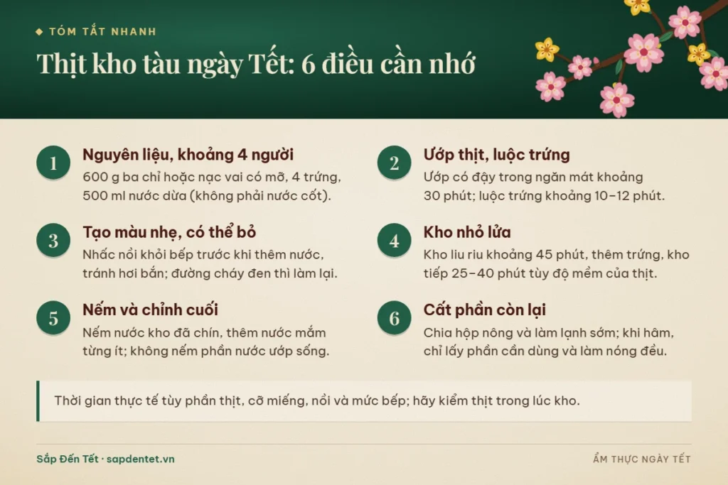 Tóm tắt 6 điều cần nhớ khi nấu thịt kho tàu ngày Tết: nguyên liệu, ướp thịt và luộc trứng, tạo màu, kho nhỏ lửa, nếm chỉnh và cất phần còn lại