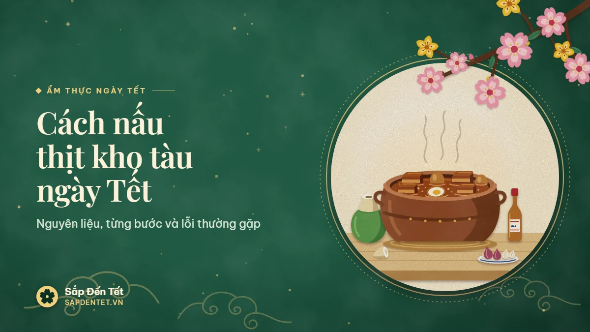 Minh họa thịt kho tàu: nồi đất có thịt ba chỉ và trứng trong nước kho, bên cạnh trái dừa xanh gọt đầu, chai nước mắm, đĩa hành tỏi