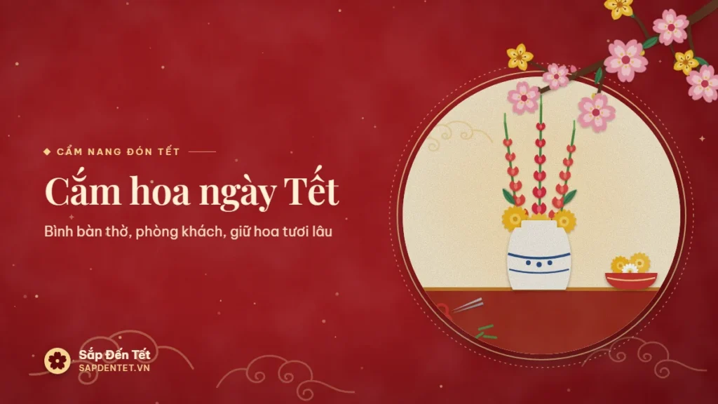 Minh họa cắm hoa ngày Tết: bình sứ trắng hoa lam cao cắm hoa lay ơn đỏ, cúc vàng và lá xanh, bát hoa cúc nhỏ bên cạnh, chiếc kéo cắt hoa và những đoạn gốc vừa cắt trên bàn đỏ