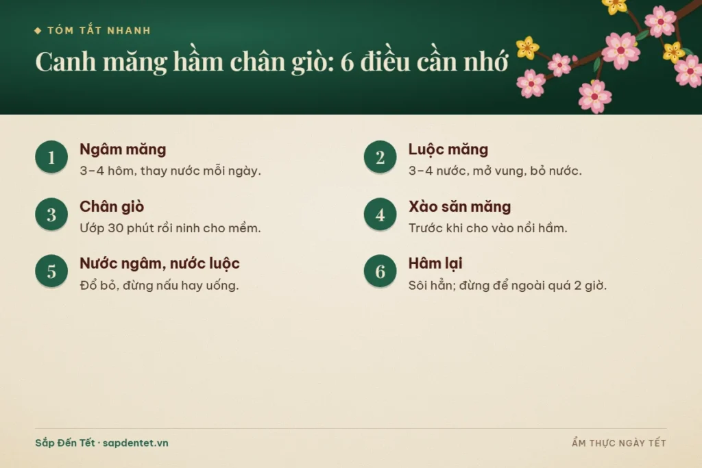 Tóm tắt 6 điều cần nhớ khi nấu canh măng hầm chân giò: ngâm măng khô 3 đến 4 hôm, luộc măng 3 đến 4 nước và mở vung, ướp chân giò 30 phút rồi ninh mềm, xào săn măng, đổ bỏ nước ngâm và nước luộc măng, hâm sôi và không để canh ngoài quá 2 giờ