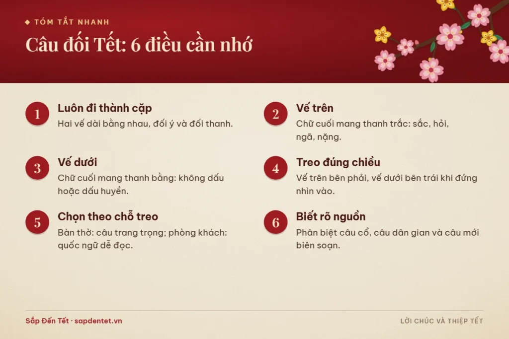 Tóm tắt 6 điều cần nhớ về câu đối Tết: đi thành cặp, vế trên kết thúc thanh trắc, vế dưới kết thúc thanh bằng, treo vế trên bên phải, chọn theo chỗ treo và biết rõ nguồn