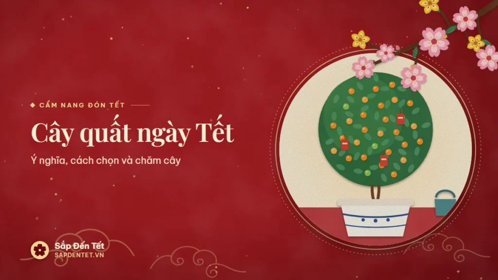 Minh họa cây quất ngày Tết: cây quất tán tròn trong chậu sứ trắng hoa lam, lá xanh đậm, nhiều quả vàng cam xen vài quả xanh, bao lì xì đỏ treo trên cành và bình tưới bên cạnh