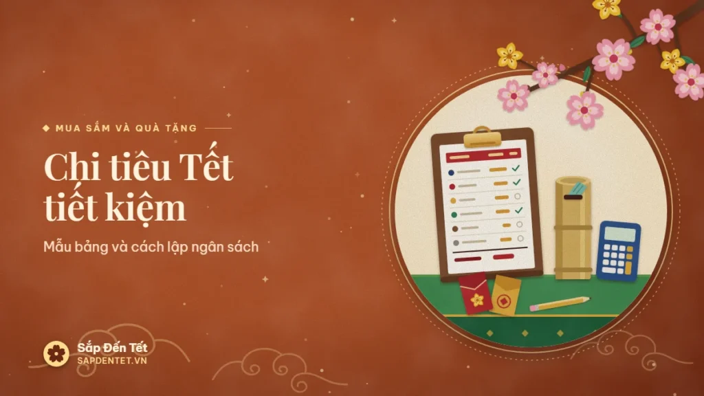 Minh họa chi tiêu Tết tiết kiệm: bảng kẹp giấy ghi sáu khoản chi, ống tre tiết kiệm, máy tính cầm tay, hai bao lì xì và bút chì