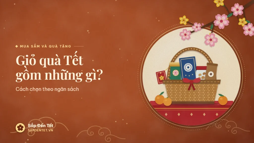 Minh họa giỏ quà Tết: giỏ mây đựng hộp trà, hộp bánh, hũ hạt và túi cà phê, thiệp đỏ buộc quai, vài quả quýt trên khăn bàn đỏ