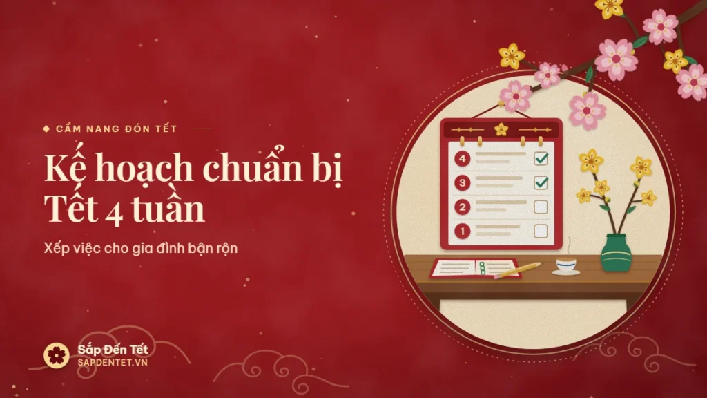 Minh họa chuẩn bị Tết 4 tuần: lịch treo tường chia bốn ô đếm ngược, bàn gỗ có sổ ghi việc, bút chì, chén trà và bình hoa mai
