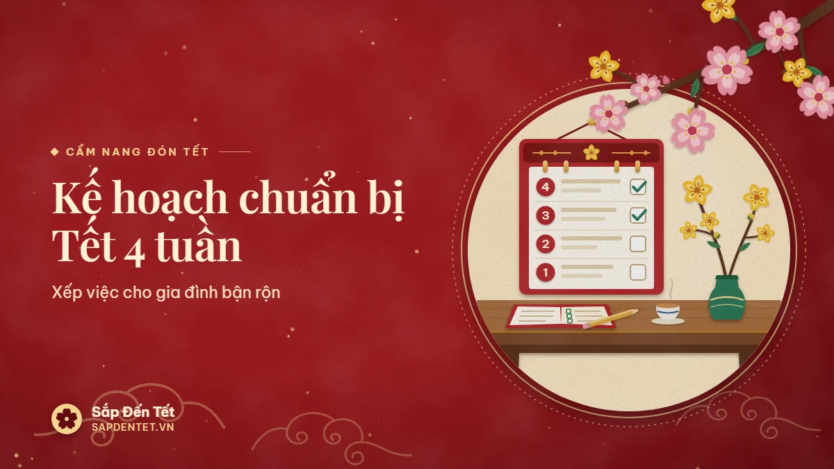 Minh họa chuẩn bị Tết 4 tuần: lịch treo tường chia bốn ô đếm ngược, bàn gỗ có sổ ghi việc, bút chì, chén trà và bình hoa mai