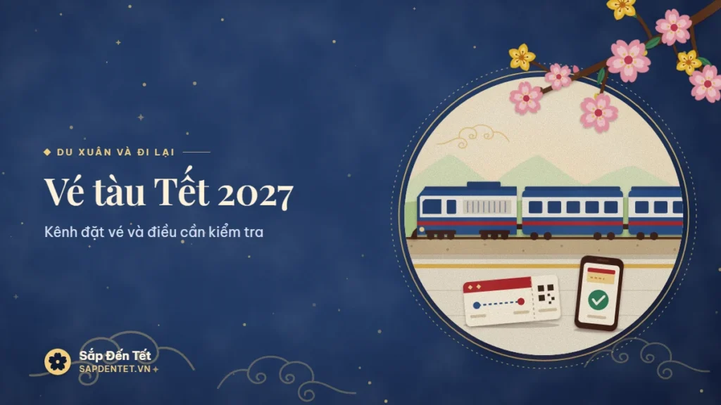 Minh họa vé tàu Tết 2027: đoàn tàu khách chạy qua đồi xanh, trên sân ga có tấm vé giấy và điện thoại hiện dấu tích xác nhận
