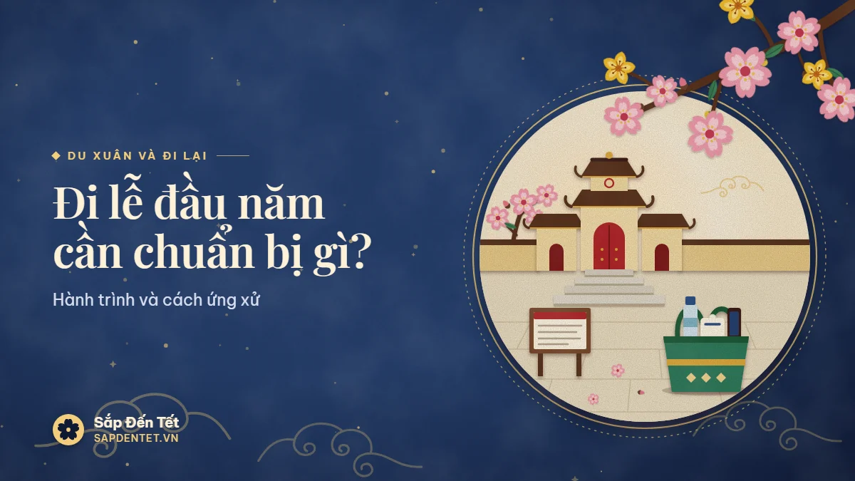 Minh họa đi lễ đầu năm: cổng tam quan có bậc đá và cây đào, bảng nội quy bên lối vào, túi vải gọn đựng chai nước, khăn giấy, điện thoại