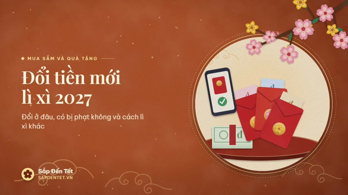 Minh họa đổi tiền mới lì xì: ba bao lì xì đỏ xòe hình quạt có tờ tiền minh họa ló ra, xấp tiền buộc dây và điện thoại hiện bao lì xì kèm dấu tích xanh