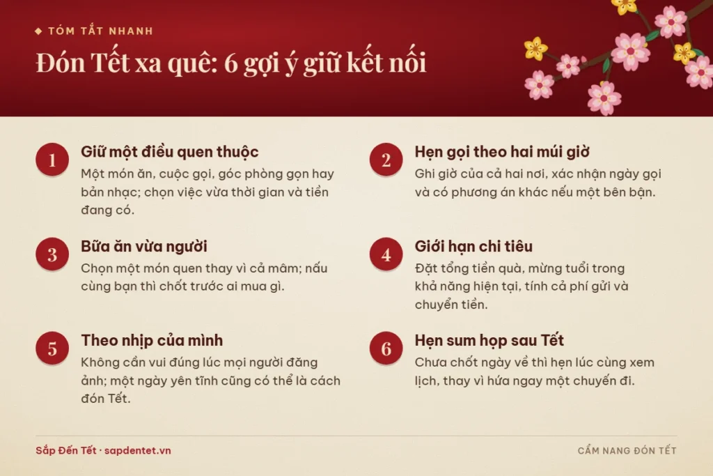 Tóm tắt 6 gợi ý đón Tết xa quê: giữ một điều quen thuộc, hẹn gọi theo hai múi giờ, bữa ăn vừa người, giới hạn chi tiêu, theo nhịp riêng, hẹn sum họp