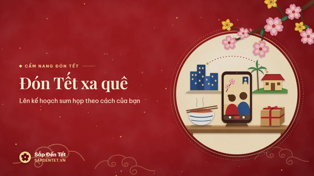 Minh họa đón Tết xa quê: điện thoại gọi video với gia đình, bát món quen, gói quà gửi về nhà và đường nối từ thành phố về làng quê