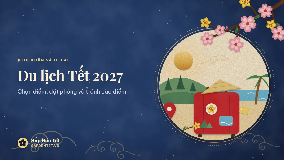 Minh họa du lịch Tết: vali đỏ dán hình hoa mai, biển và núi thông, đội nón lá, phía sau là đồi thông, bãi biển có cây dừa, ghim bản đồ đỏ và cành mai