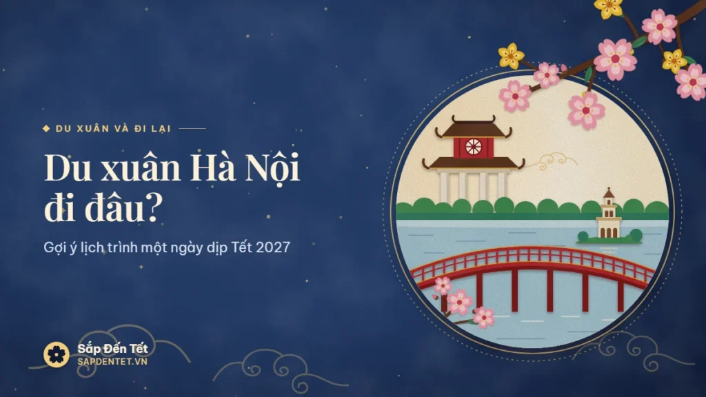 Minh họa du xuân Hà Nội: cầu Thê Húc đỏ trên Hồ Gươm, Tháp Rùa giữa hồ, Khuê Văn Các ghép ở lớp sau và cành hoa đào