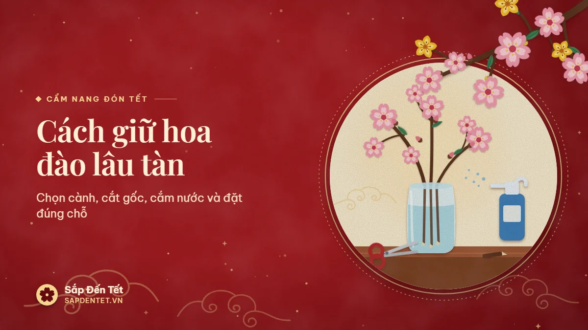 Minh họa cách giữ hoa đào lâu tàn: cành đào hồng cắm trong bình thủy tinh nước trong, gốc cành cắt vát, bình xịt phun sương lên nụ và chiếc kéo tỉa trên bàn gỗ