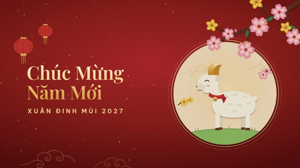 Hình nền máy tính Tết 2027 nền đỏ với chữ Chúc Mừng Năm Mới, chú dê Đinh Mùi trong khung tròn, cành đào và đèn lồng