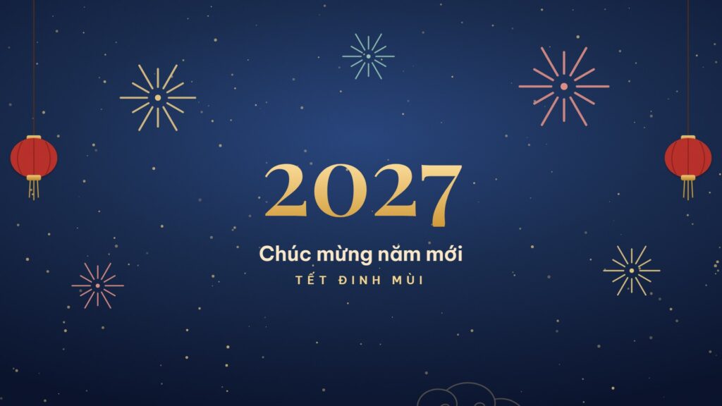 Hình nền máy tính Tết 2027 nền đêm xanh với pháo hoa, đèn lồng đỏ và số 2027 màu vàng