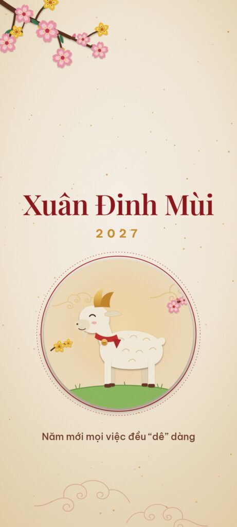 Hình nền điện thoại Tết 2027 nền kem với chú dê giấy cắt trong khung tròn, cành đào mai và chữ Xuân Đinh Mùi 2027