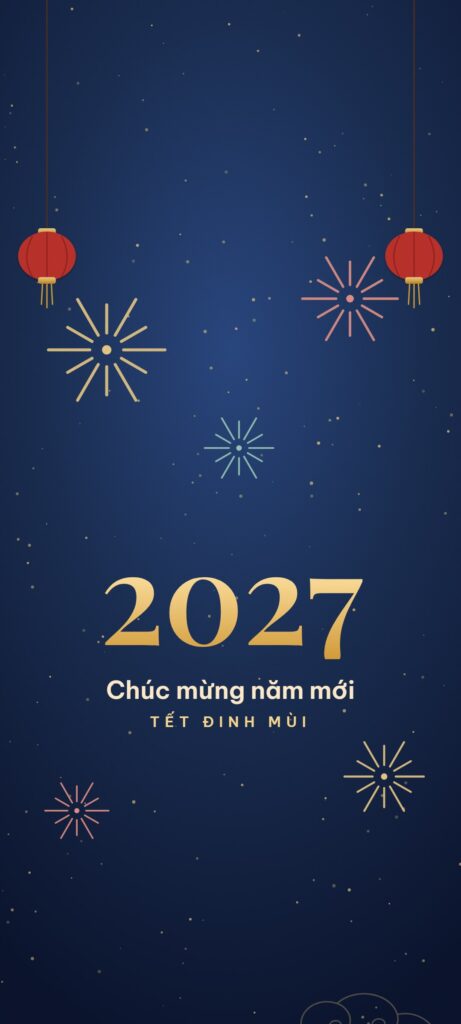 Hình nền điện thoại Tết 2027 nền đêm xanh với pháo hoa, hai đèn lồng đỏ và số 2027 màu vàng