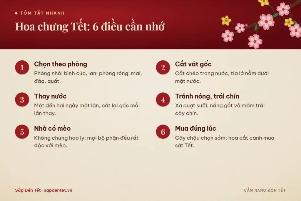 Tóm tắt 6 điều cần nhớ về hoa chưng Tết: chọn theo phòng, cắt vát gốc, thay nước, tránh nguồn nóng và trái cây chín, không chưng hoa ly khi nhà có mèo, mua đúng lúc