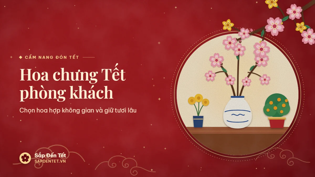 Minh họa hoa chưng Tết phòng khách: bình sứ men lam cắm cành đào, chậu quất nhiều quả và bình cúc vàng trên kệ gỗ