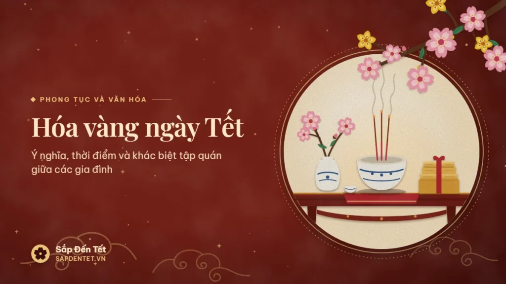 Minh họa hóa vàng ngày Tết: góc bàn thờ gia tiên với bát hương, khói nhang, lọ hoa đào và xấp vàng mã xếp gọn