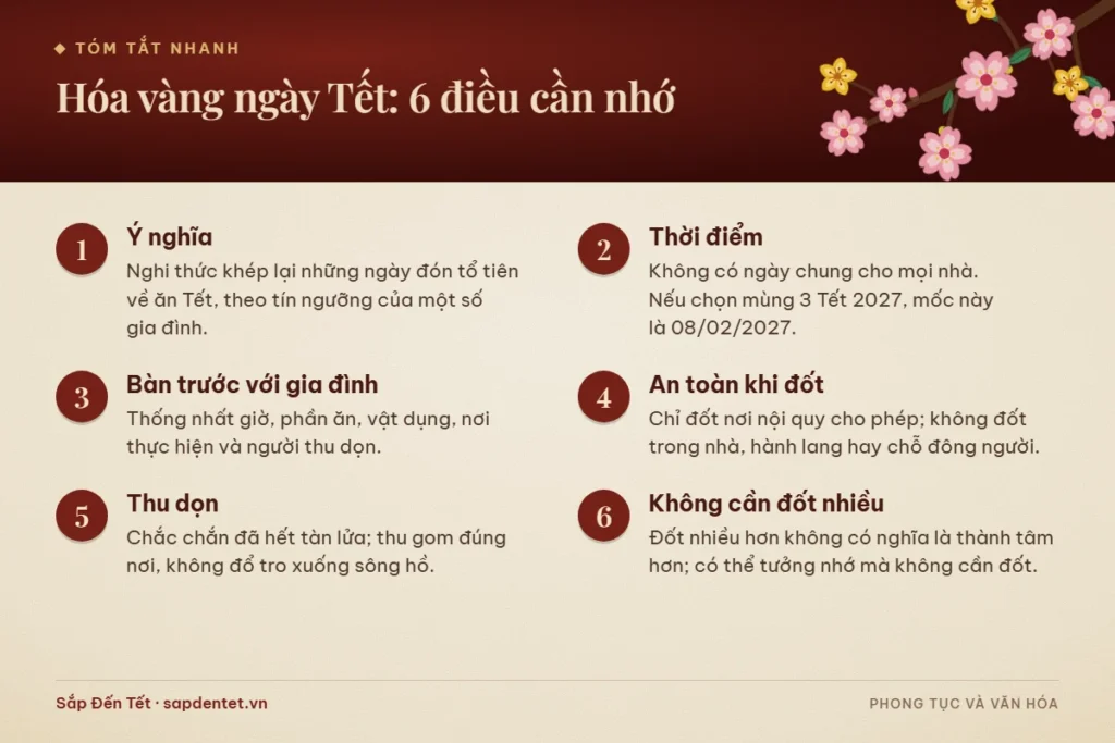 Tóm tắt 6 điều cần nhớ khi hóa vàng ngày Tết: ý nghĩa, thời điểm, bàn trước với gia đình, an toàn khi đốt, thu dọn và không cần đốt nhiều