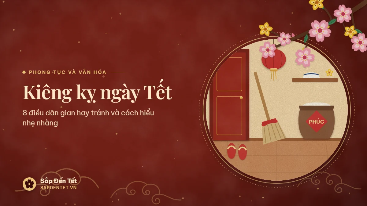 Minh họa kiêng kỵ ngày Tết: góc cửa nhà ngày đầu năm với chổi buộc nơ đỏ dựng nghỉ, hũ gạo dán chữ Phúc, đèn lồng đỏ, bát sứ trên kệ và đôi dép đỏ