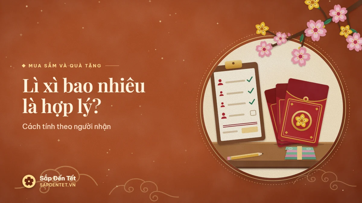 Minh họa lì xì bao nhiêu là hợp lý: ba phong bao đỏ viền vàng xếp hình quạt, bảng danh sách người nhận có dấu tích, cọc tiền và bút chì