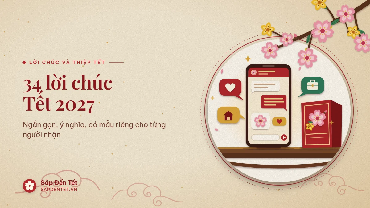 Minh họa lời chúc Tết: điện thoại hiện khung tin nhắn, ba bong bóng lời nhắn có hình trái tim, ngôi nhà, cặp công sở và thiệp đỏ gấp đôi