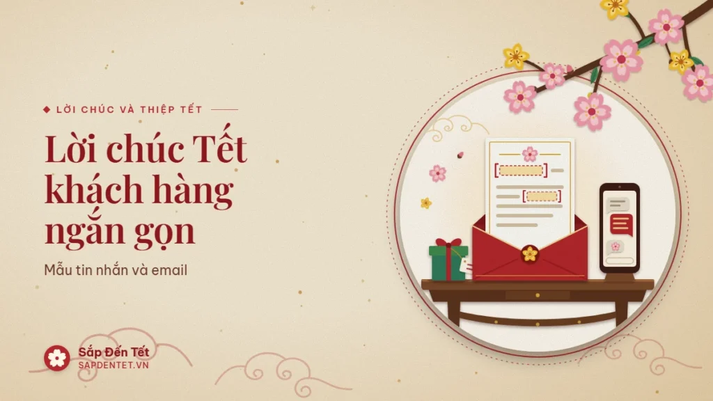 Minh họa lời chúc Tết khách hàng: thư có hai ô trống để điền thông tin trong phong bì đỏ, điện thoại hiện tin nhắn, hộp quà kèm thiệp