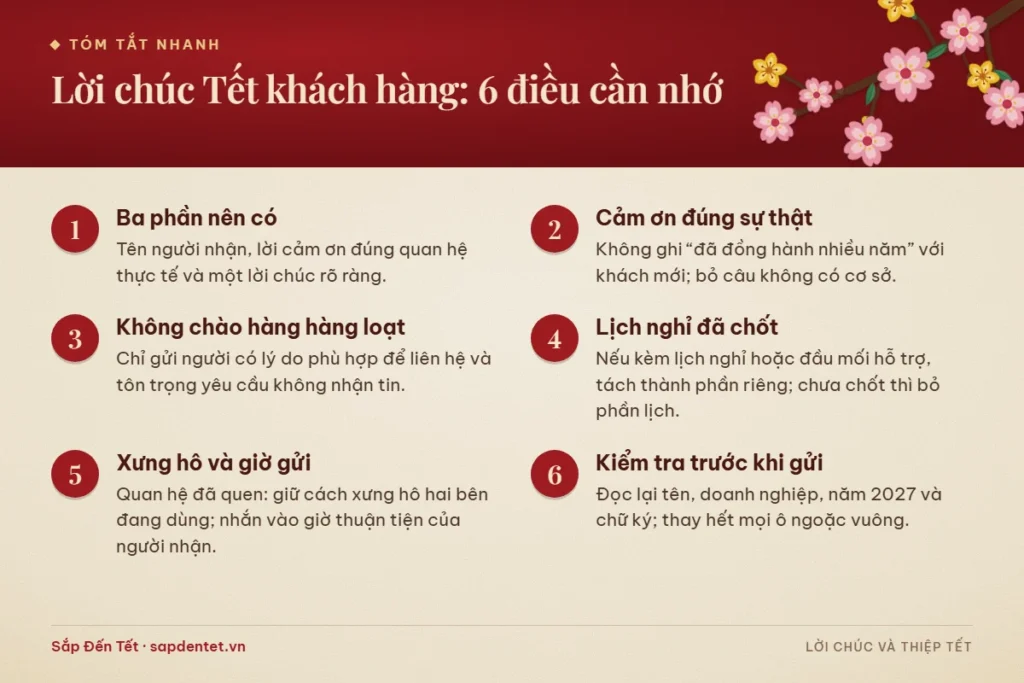 Tóm tắt 6 điều cần nhớ về lời chúc Tết khách hàng: ba phần nên có, cảm ơn đúng sự thật, không chào hàng hàng loạt, lịch nghỉ, xưng hô và kiểm tra