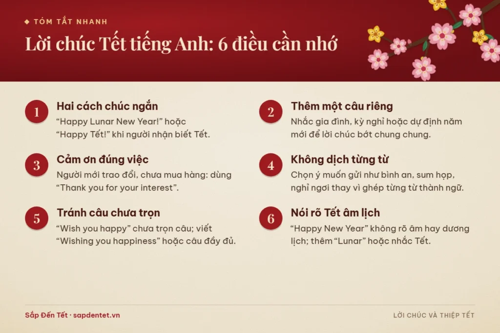 Tóm tắt 6 điều cần nhớ khi viết lời chúc Tết tiếng Anh: hai cách chúc ngắn, thêm câu riêng, cảm ơn đúng việc, không dịch từng từ và nói rõ Tết âm lịch