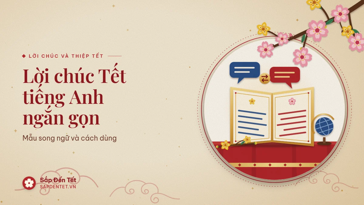 Minh họa lời chúc Tết tiếng Anh: tấm thiệp mở hai trang với dòng chữ xanh và đỏ, hai bong bóng lời nói, quả địa cầu và cành mai