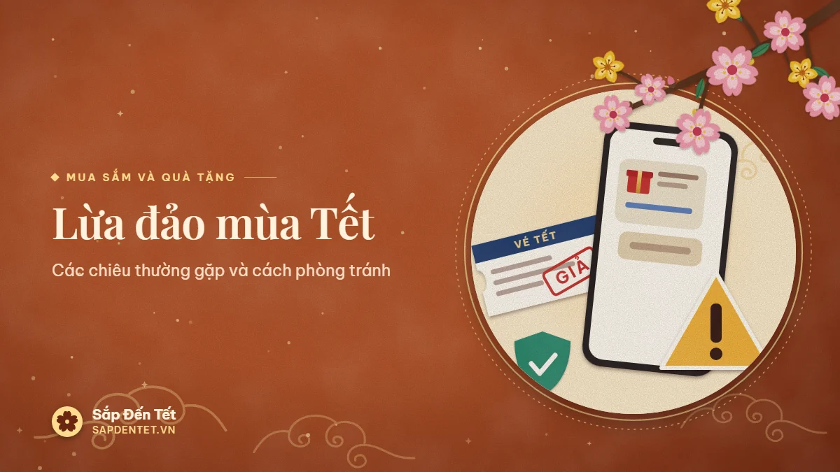 Minh họa lừa đảo mùa Tết: điện thoại nhận tin nhắn quà tặng kèm đường link lạ, tam giác cảnh báo, vé Tết giả đóng dấu GIẢ và khiên bảo vệ