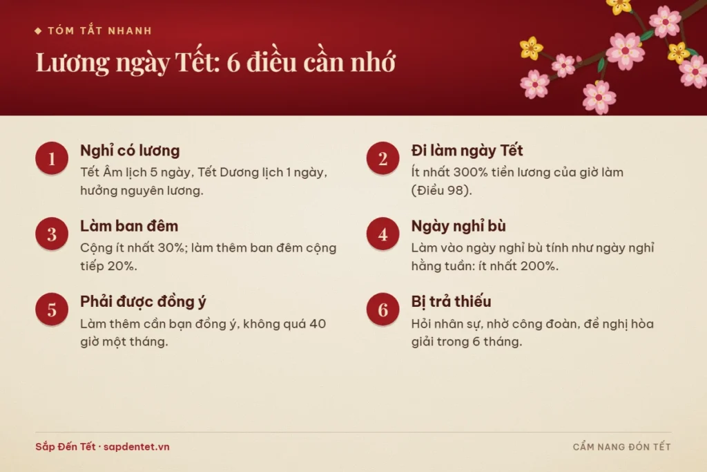 Tóm tắt 6 điều cần nhớ về lương ngày Tết: nghỉ Tết hưởng nguyên lương, đi làm ít nhất 300%, làm ban đêm cộng thêm, ngày nghỉ bù ít nhất 200%, làm thêm phải được đồng ý và cách xử lý khi bị trả thiếu