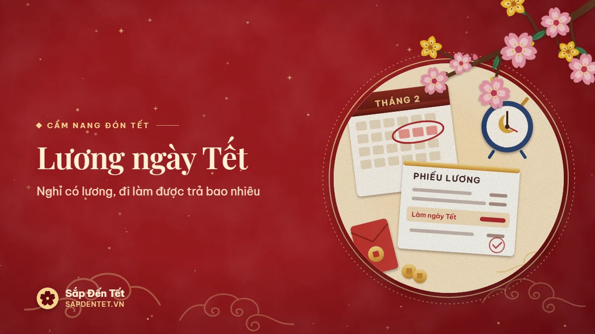 Minh họa lương ngày Tết: tờ lịch tháng 2 khoanh đỏ những ngày Tết, phiếu lương có dòng làm ngày Tết, đồng hồ ca đêm, bao lì xì và đồng xu